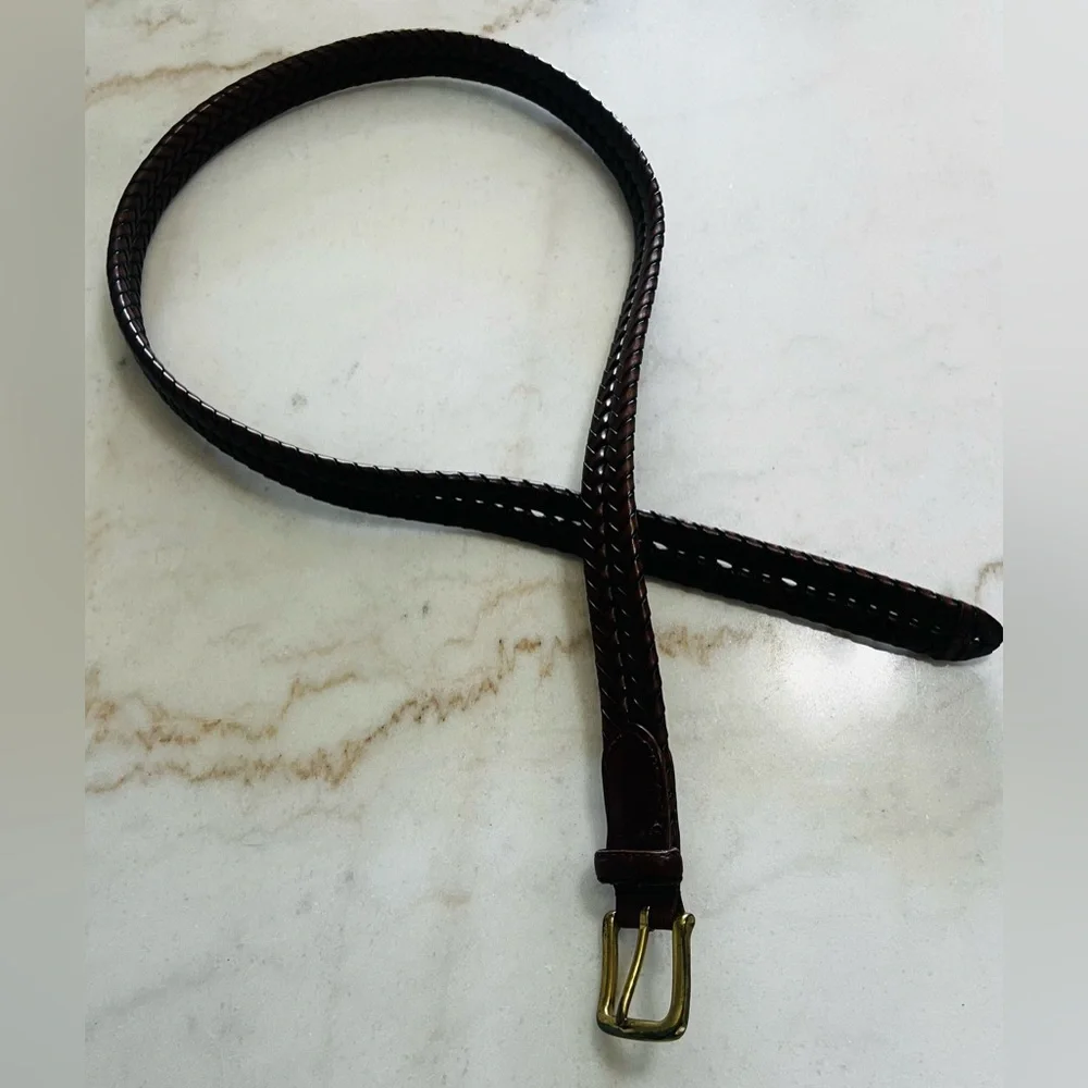 Men’s  Fossil Belt Size 42 Dark Brown Braided Leather With Brass Buckle